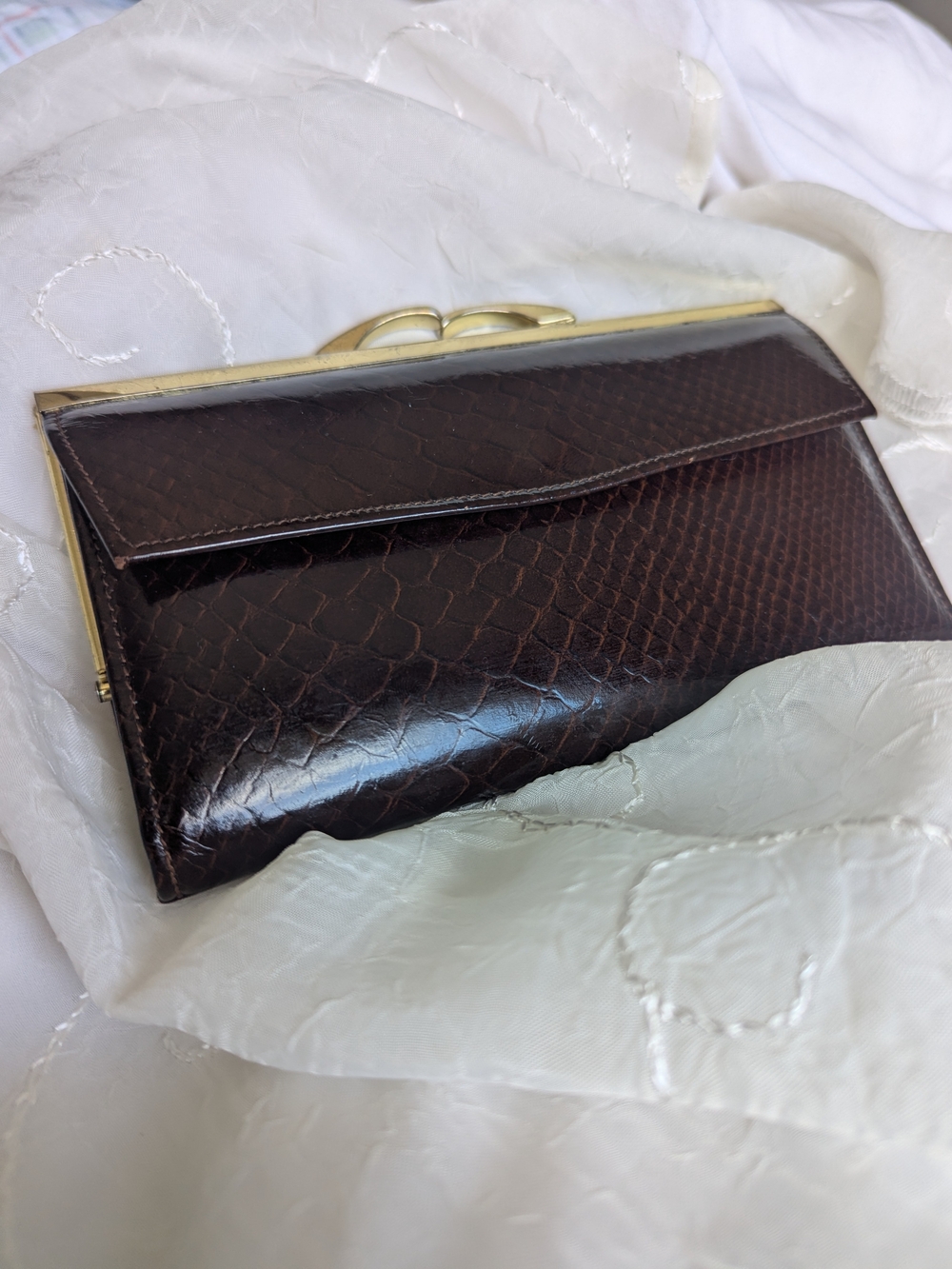 Sharon Martin Made in England Vintage Brown Snakeskin Wallet Kiss Lock Clutch FL